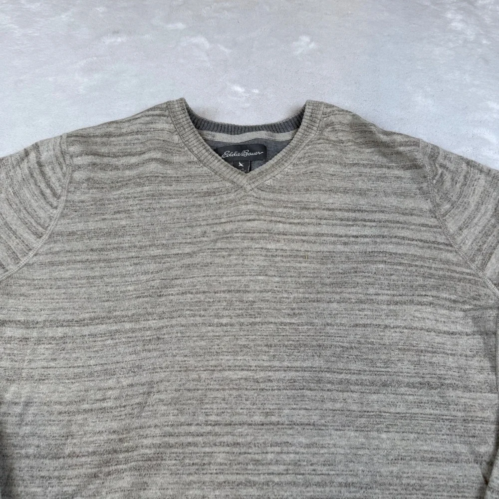 Eddie Bauer Mens Large V-Neck Sweater Tan Grey Cotton Merino Wool Blend L/S‎